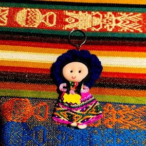 Blue collectible miniature doll key chain handmade Peruvian multicolored cute
